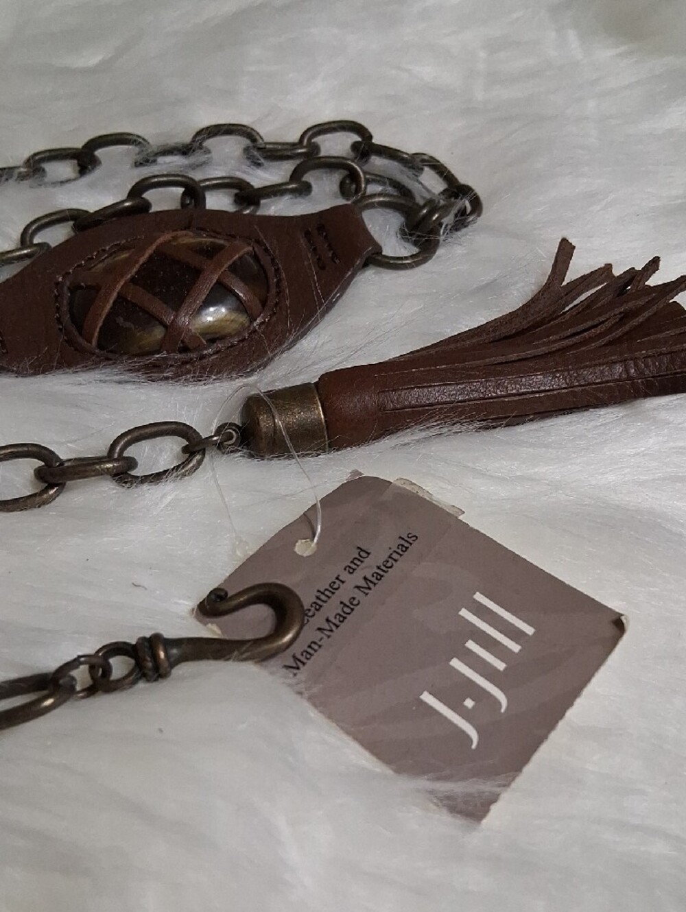 NWT J. Jill Boho Brown Leather Tassel Chain Belt-Bark Color-L/XL - Picture 3 of 6